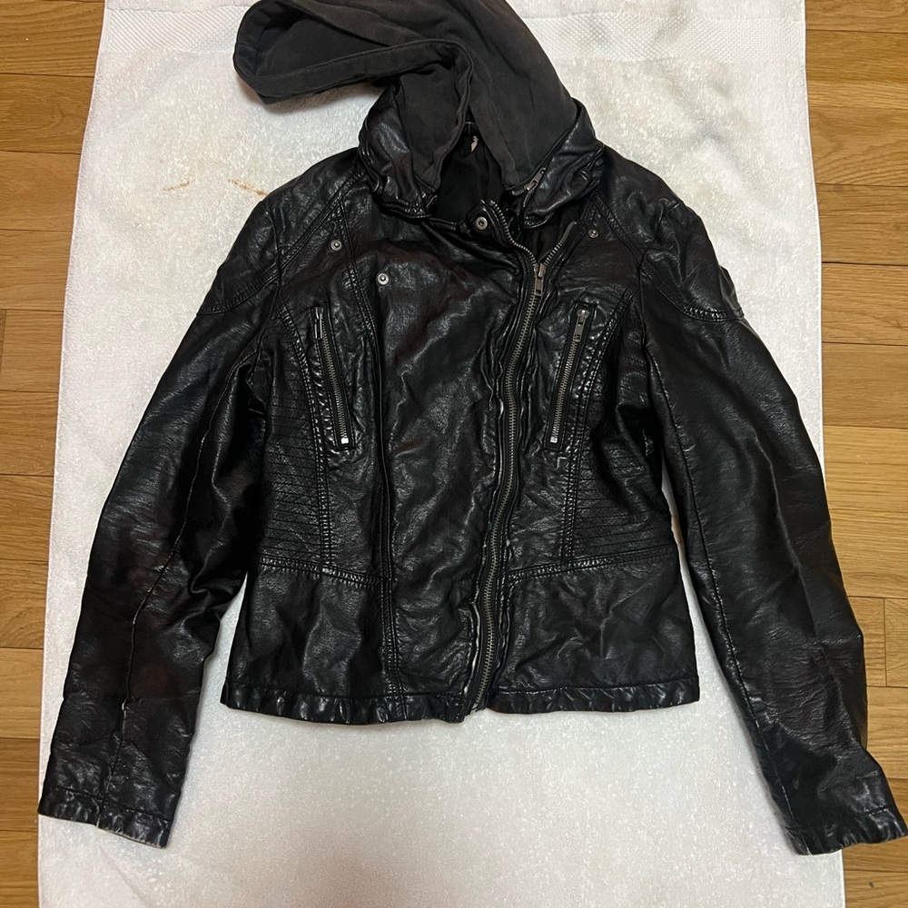 Free People Black vintage Leather Jacket with Hood (girls size 12, fits adult M)
